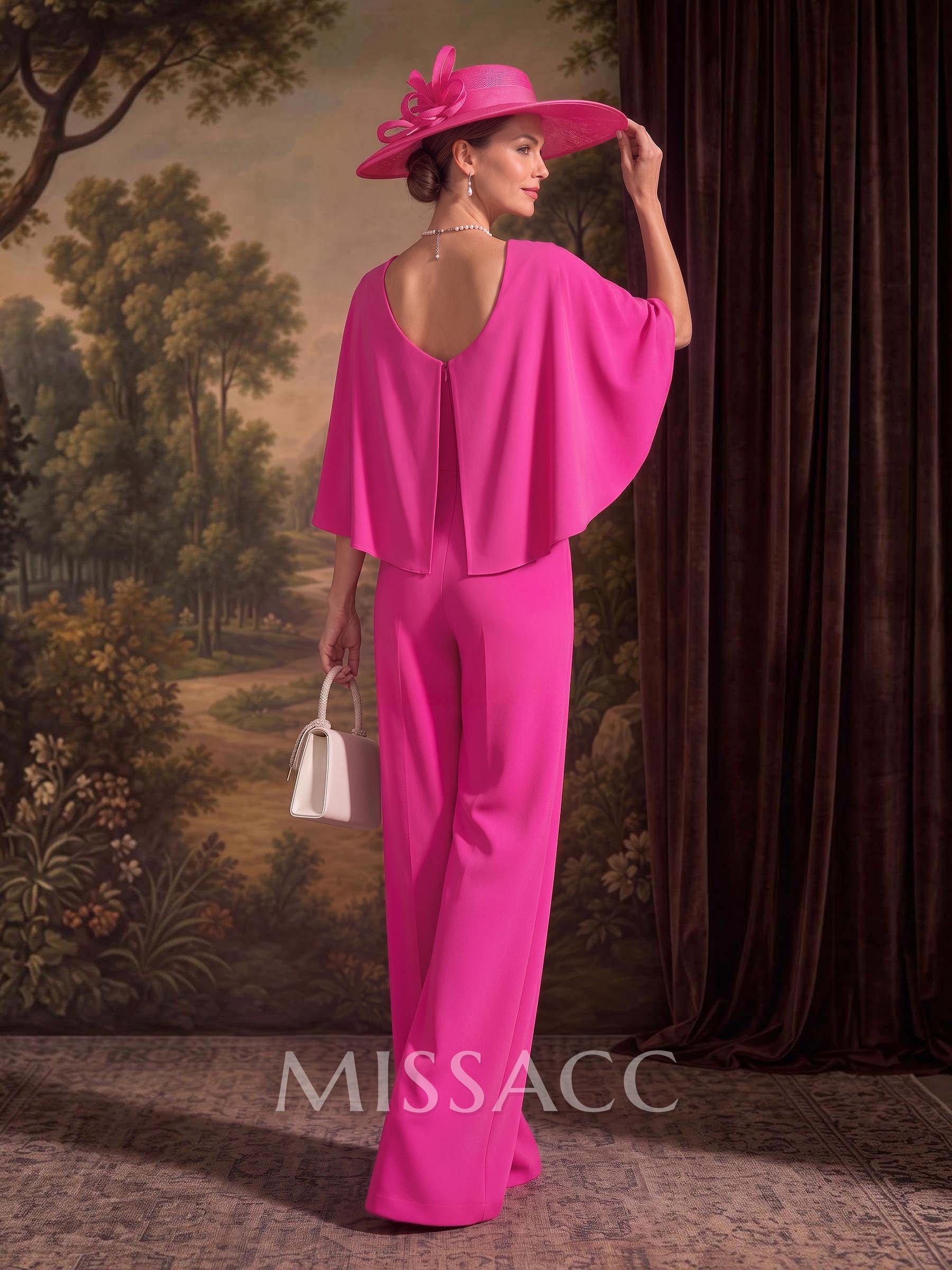 Jumpsuit/Pantsuit Scoop Neck Cape Sleeves Floor-Length Elastic Satin Mother Of The Bride Dresses With Flower