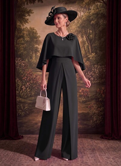 Jumpsuit/Pantsuit Scoop Neck Cape Sleeves Floor-Length Stretch Satin Mother Of The Bride Outfit With Flower Detail