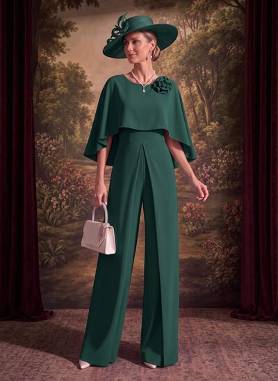 Jumpsuit/Pantsuit Scoop Neck Cape Sleeves Floor-Length Elastic Satin Mother Of The Bride Dresses With Flower
