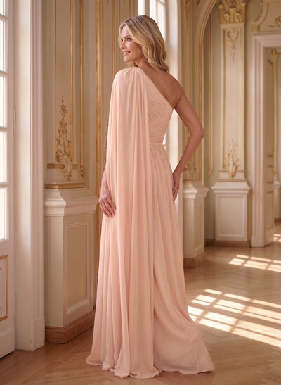 A-Line One-Shoulder Cape Sleeves Floor-Length Chiffon Mother Of The Bride Dresses With Pleated