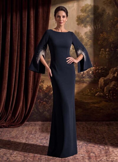 Sheath/Column Scoop Neck Long Sleeves Floor-Length Elastic Satin Mother Of The Bride Dresses With Rhinestone