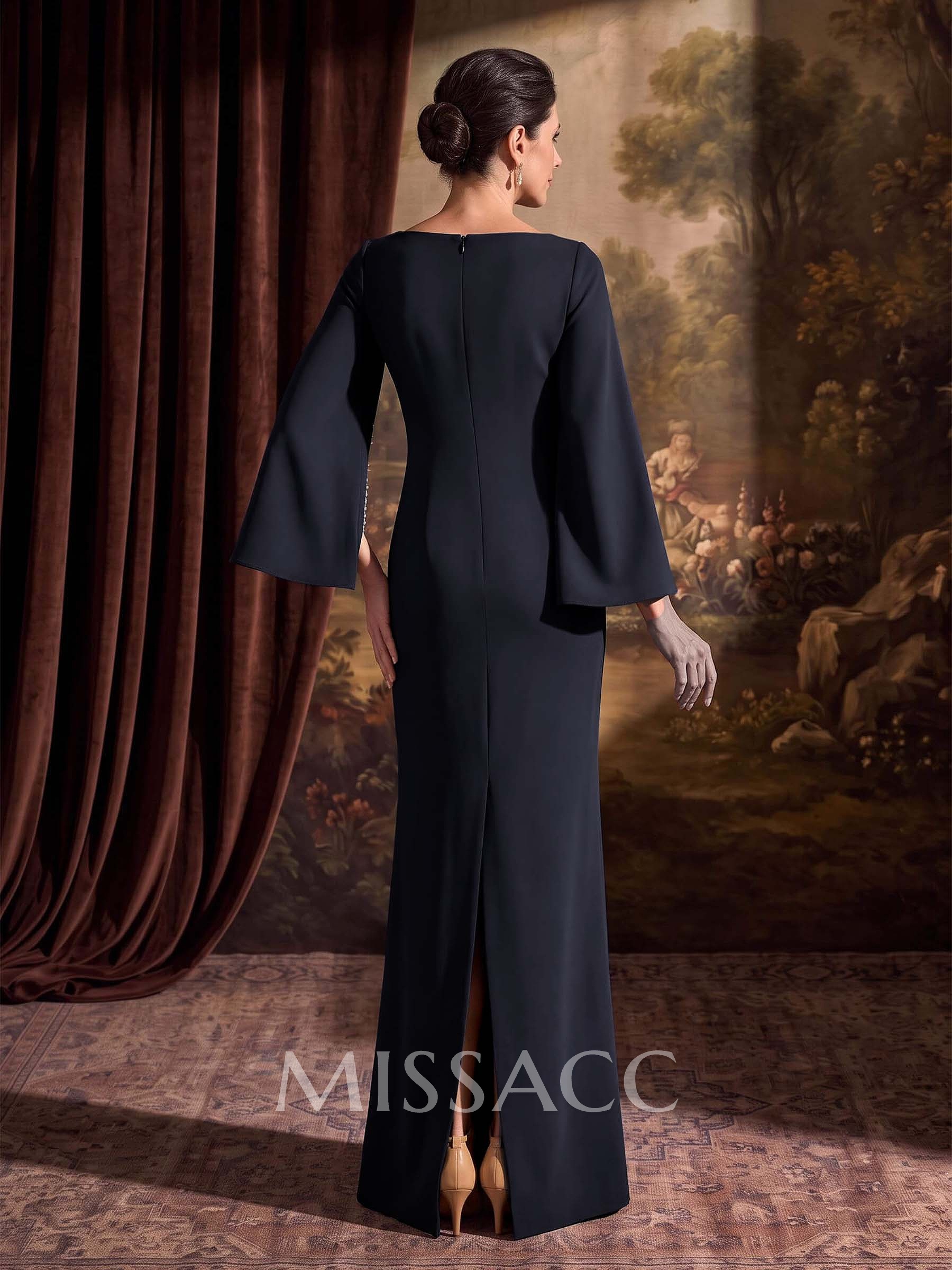 Sheath/Column Scoop Neck Long Sleeves Floor-Length Elastic Satin Mother Of The Bride Dresses With Rhinestone