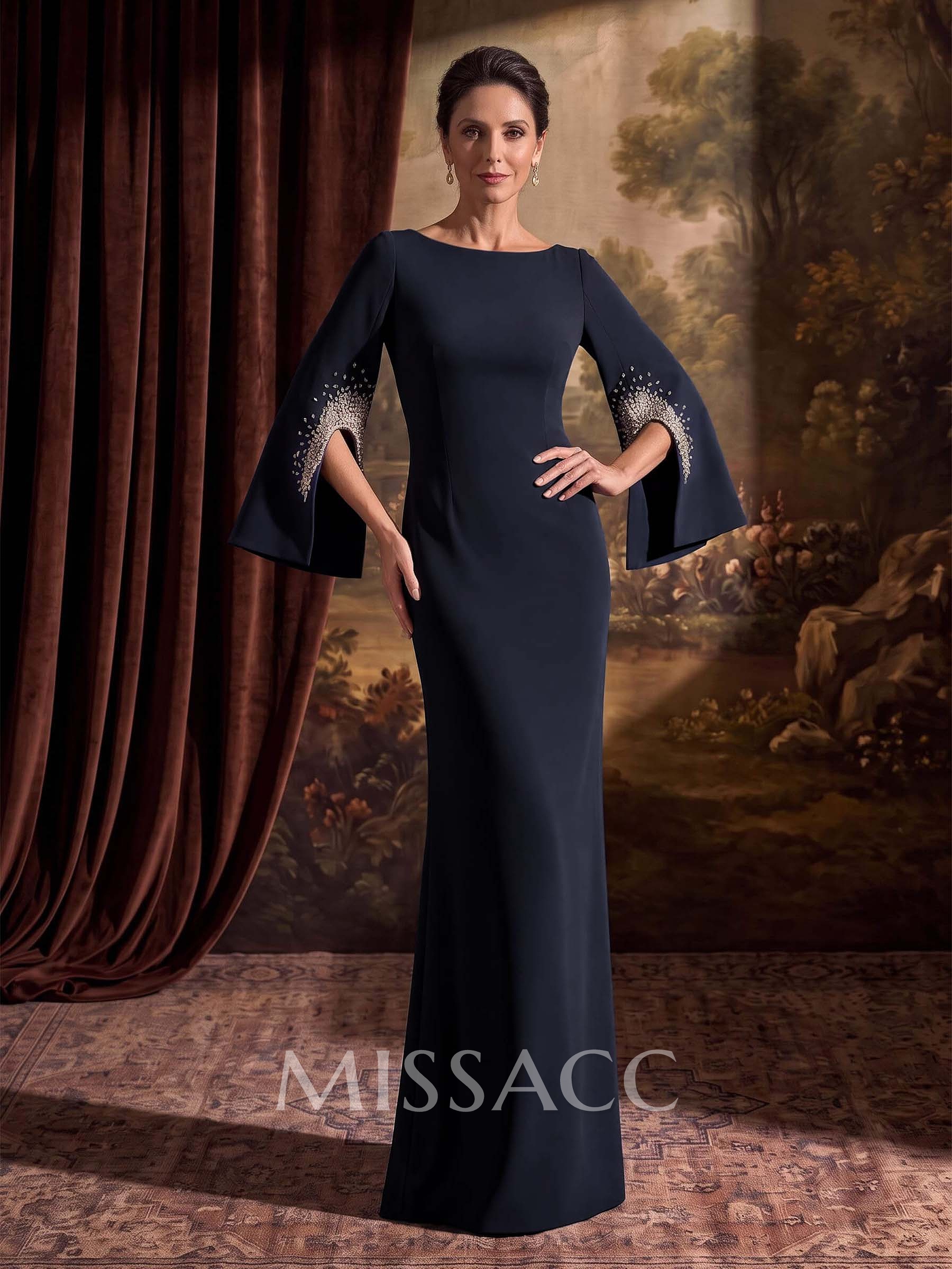 Sheath/Column Scoop Neck Long Sleeves Floor-Length Elastic Satin Mother Of The Bride Dresses With Rhinestone