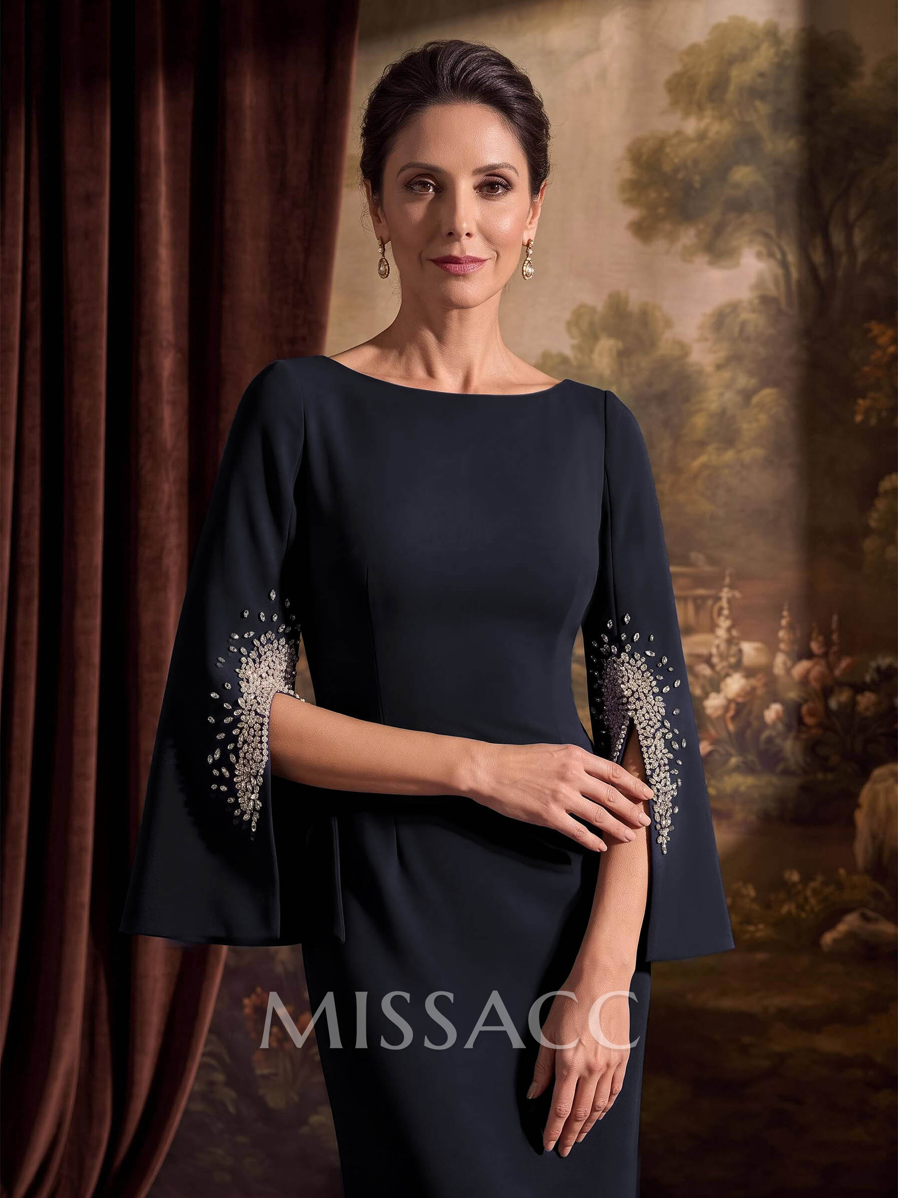 Sheath/Column Scoop Neck Long Sleeves Floor-Length Elastic Satin Mother Of The Bride Dresses With Rhinestone