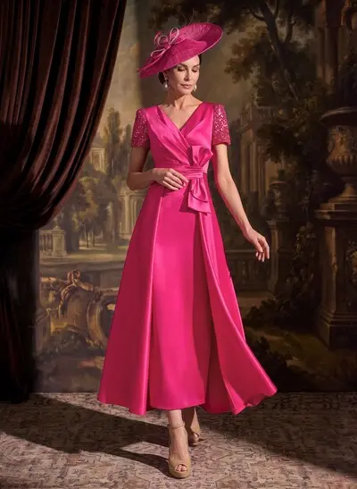 A-Line V-Neck Short Sleeve Ankle-Length Satin Mother Of The Bride Dresses With Bow