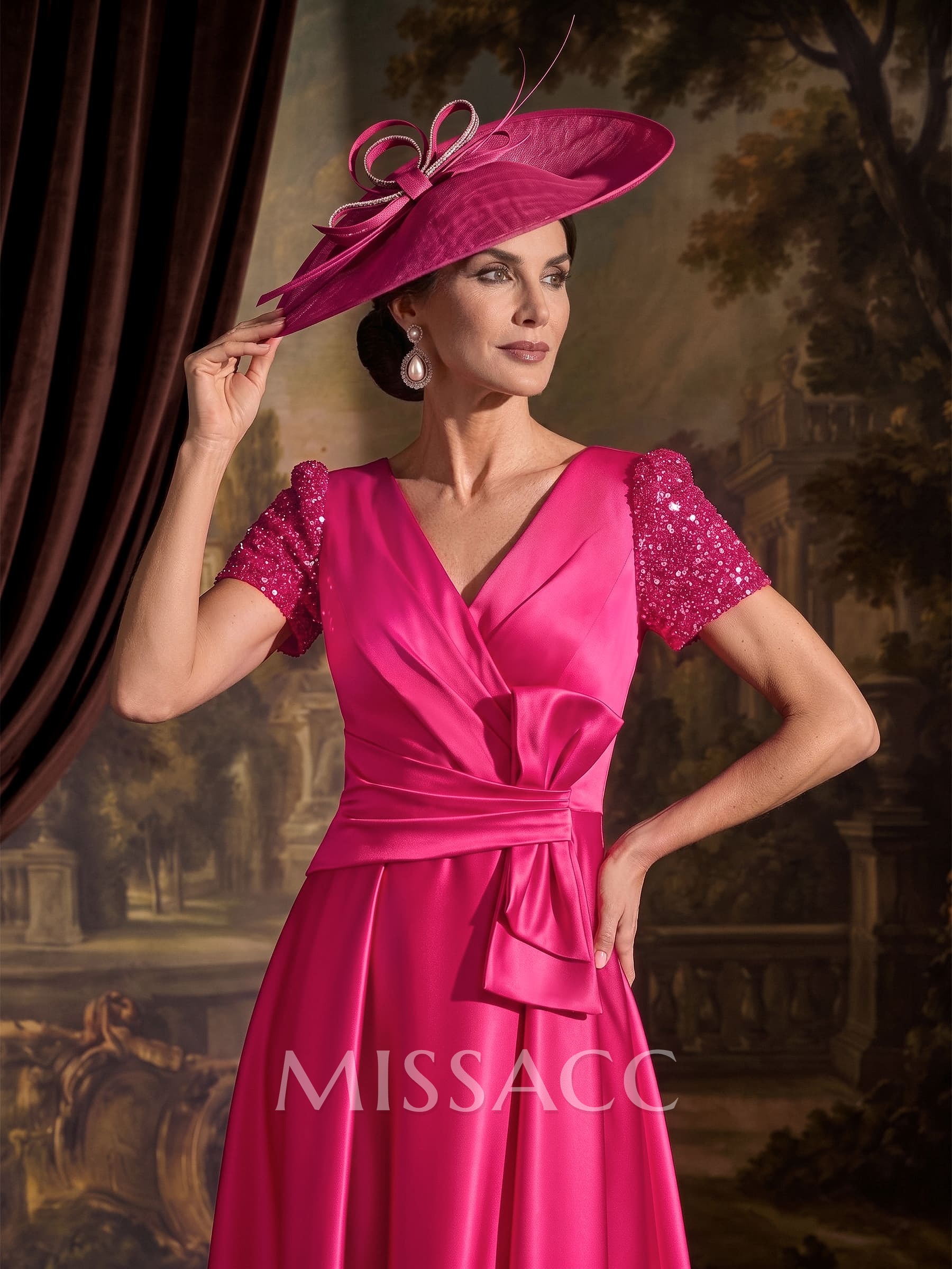 A-Line V-Neck Short Sleeves Ankle-Length Satin Mother Of The Bride Dresses With Bow