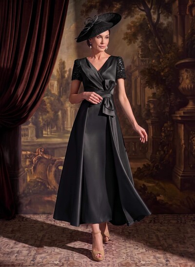 A-Line V-Neck Short Sleeve Ankle-Length Satin Mother of the Bride Dress with Bow