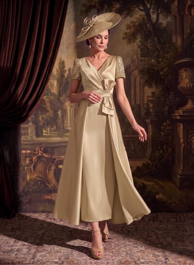 A-Line V-Neck Short Sleeves Ankle-Length Satin Mother Of The Bride Dresses With Bow