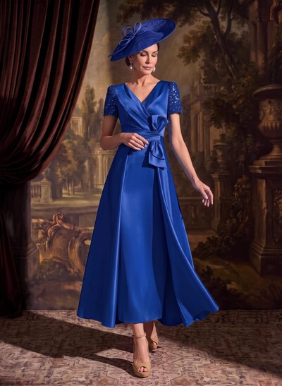 A-Line V-Neck Short Sleeve Ankle-Length Satin Mother of the Bride Dress with a Bow