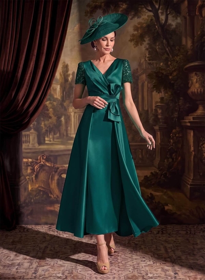 A-Line V-Neck Short Sleeves Ankle-Length Satin Mother Of The Bride Dresses With Bow