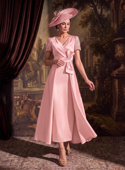 A-Line V-Neck Short Sleeves Ankle-Length Satin Mother Of The Bride Dresses With Bow