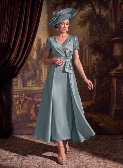 A-Line V-Neck Short Sleeves Ankle-Length Satin Mother Of The Bride Dresses With Bow