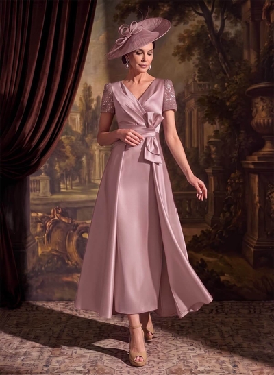 A-Line V-Neck Short Sleeve Ankle-Length Satin Mother of the Bride Dress with Bow