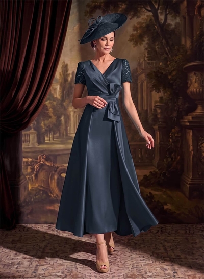 A-Line V-Neck Short Sleeve Ankle-Length Satin Mother Of The Bride Dress With A Bow
