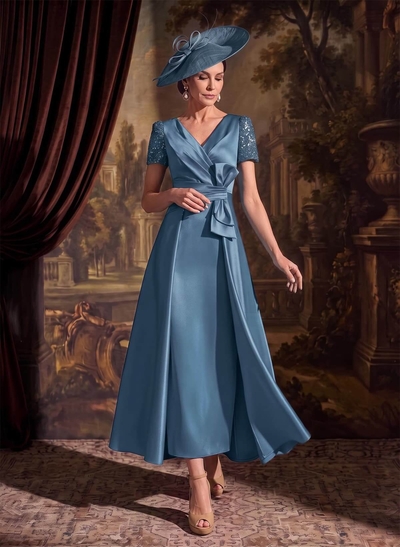 A-Line V-Neck Short Sleeve Ankle-Length Satin Mother of the Bride Dress with Bow