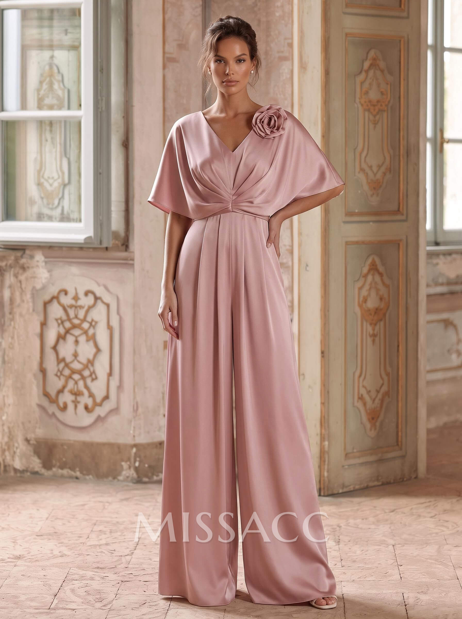 Jumpsuit/Pantsuit V-Neck 1/2 Sleeves Floor-Length Crepe Satin Mother Of The Bride Dresses With Flower