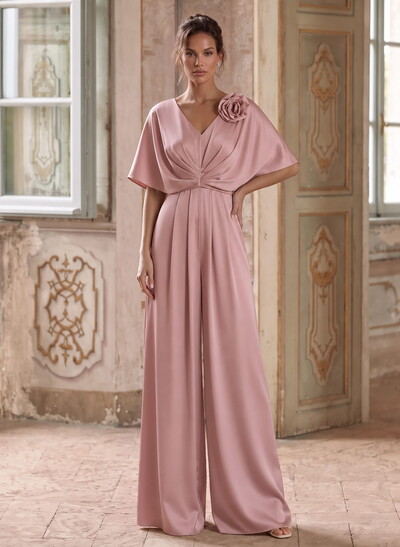 Jumpsuit/Pantsuit V-Neck 1/2 Sleeves Floor-Length Crepe Satin Mother Of The Bride Dresses With Flower