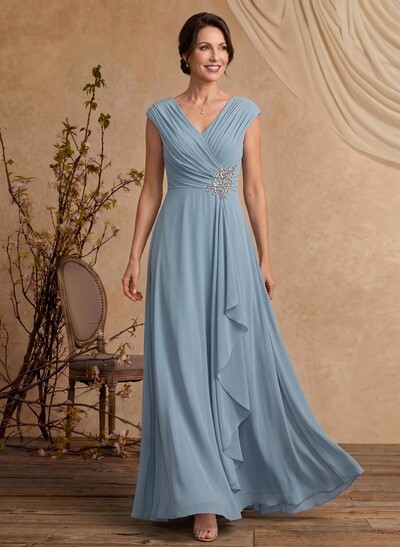 A-Line V-Neck Sleeveless Floor-Length Chiffon Mother Of The Bride Dresses With Ruffle/Pleated