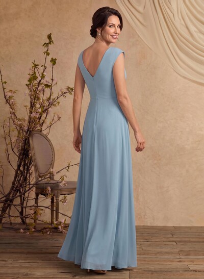 A-Line V-Neck Sleeveless Floor-Length Chiffon Mother Of The Bride Dresses With Ruffle/Pleated