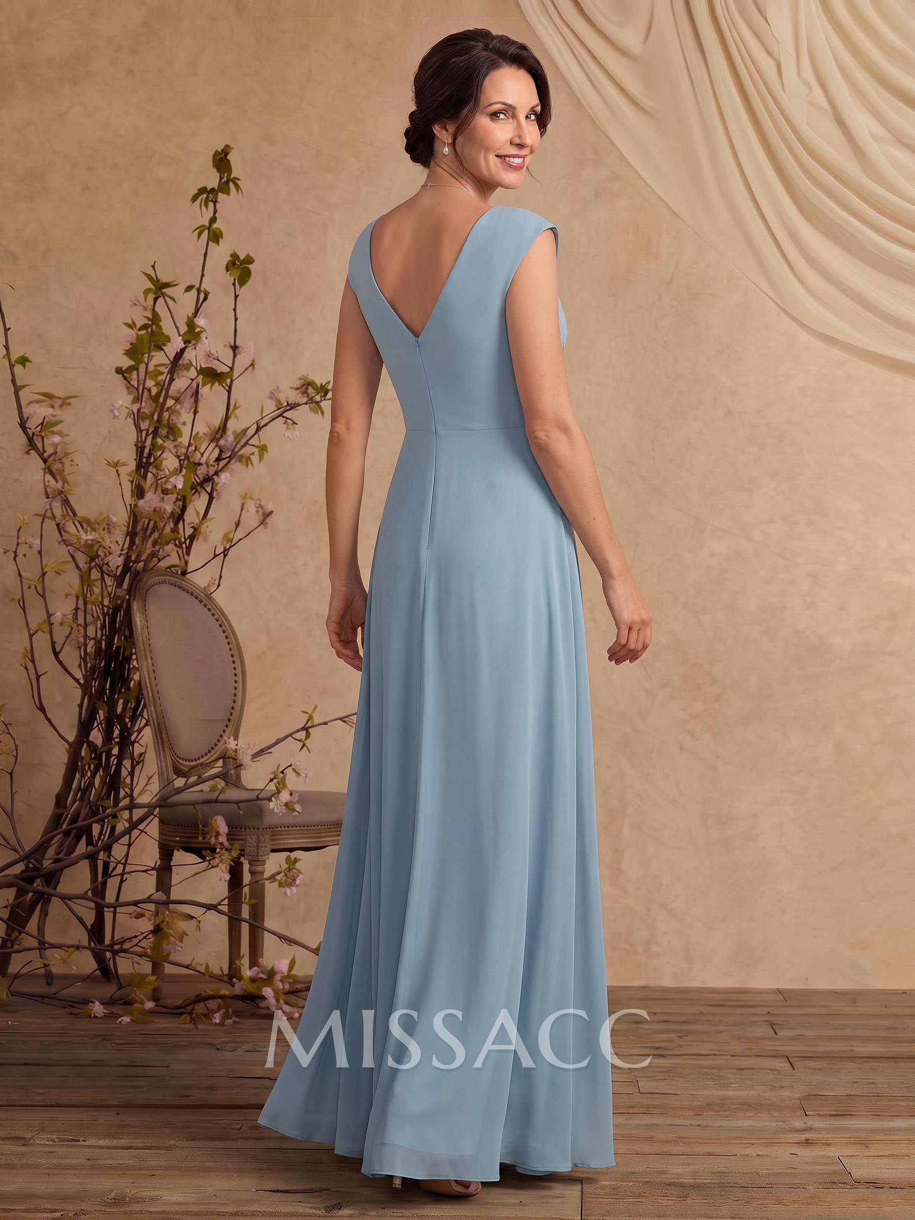 A-Line V-Neck Sleeveless Floor-Length Chiffon Mother Of The Bride Dresses With Ruffle/Pleated