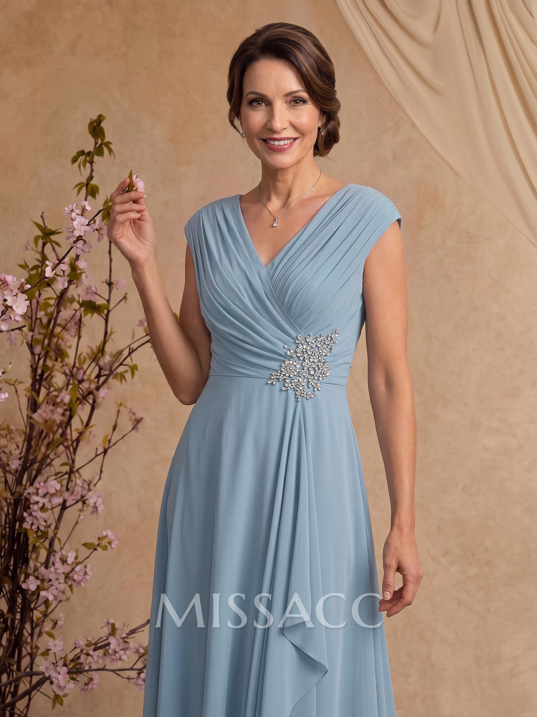 A-Line V-Neck Sleeveless Floor-Length Chiffon Mother Of The Bride Dresses With Ruffle/Pleated