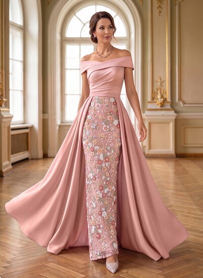 Trumpet/Mermaid Off-The-Shoulder Sleeveless Sweep Train Crepe Satin Mother Of The Bride Dresses With Flower/Overskirt Dress