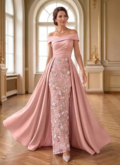 Trumpet/Mermaid Off-The-Shoulder Sleeveless Sweep Train Crepe Satin Mother Of The Bride Dresses With Flower/Overskirt Dress