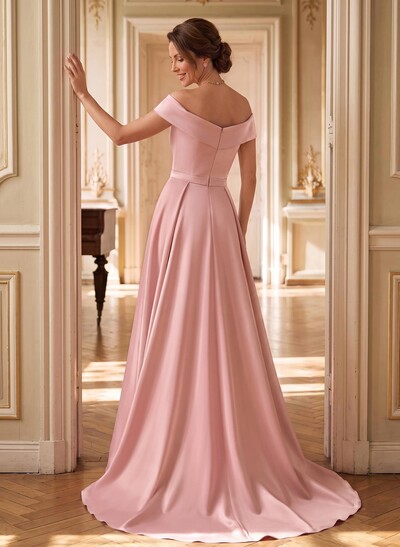 Trumpet/Mermaid Off-The-Shoulder Sleeveless Sweep Train Crepe Satin Mother Of The Bride Dresses With Flower/Overskirt Dress