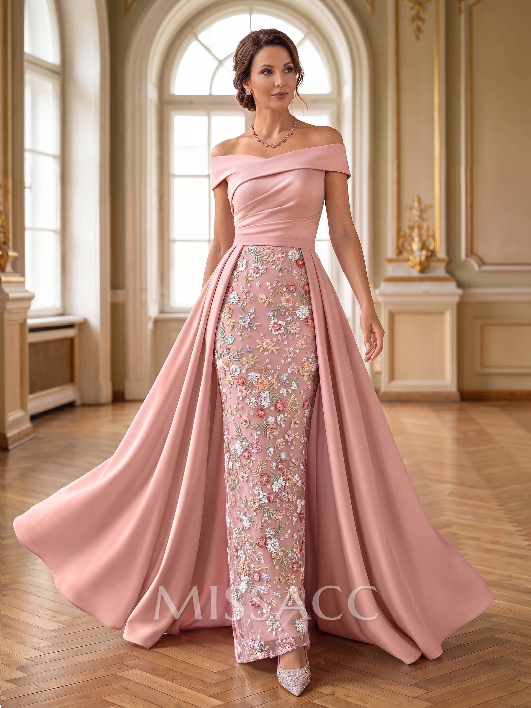 Trumpet/Mermaid Off-The-Shoulder Sleeveless Sweep Train Crepe Satin Mother Of The Bride Dresses With Flower/Overskirt Dress
