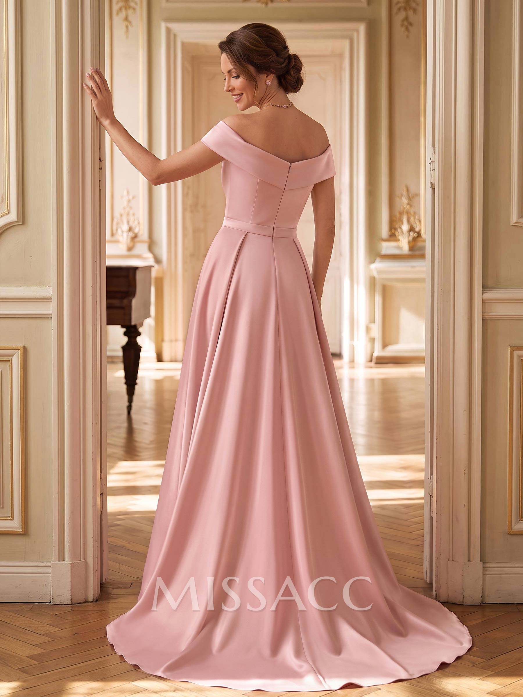 Trumpet/Mermaid Off-The-Shoulder Sleeveless Sweep Train Crepe Satin Mother Of The Bride Dresses With Flower/Overskirt Dress
