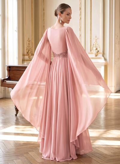 A-Line Plunge Neck Cape Sleeves Floor-Length Chiffon Mother Of The Bride Dresses With Beading/Pleated