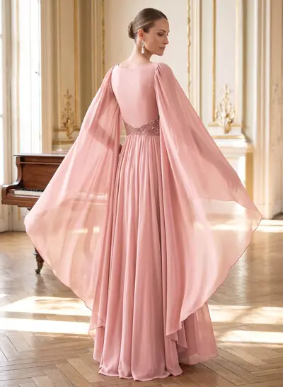 A-Line Plunge Neck Cape Sleeves Floor-Length Chiffon Mother Of The Bride Dresses With Beading/Pleated