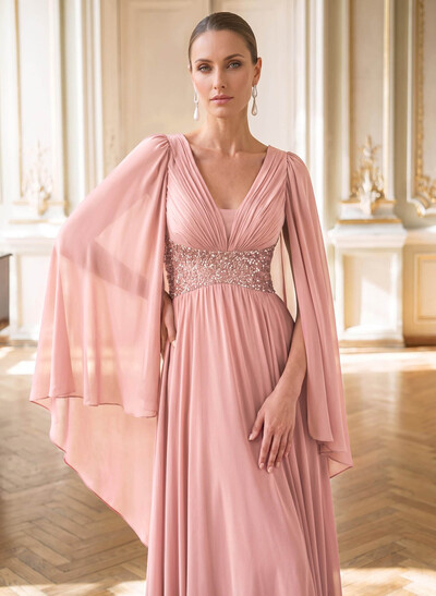 A-Line Plunge Neck Cape Sleeves Floor-Length Chiffon Mother Of The Bride Dresses With Beading/Pleated