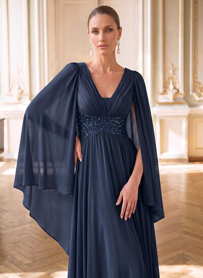 A-Line Plunge Neck Cape Sleeve Maxi Chiffon Mother of the Bride Dress with Beading and Pleats