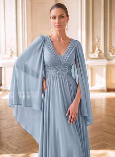A-Line Plunge Neck Cape Sleeves Floor-Length Chiffon Mother Of The Bride Dresses With Beading/Pleated