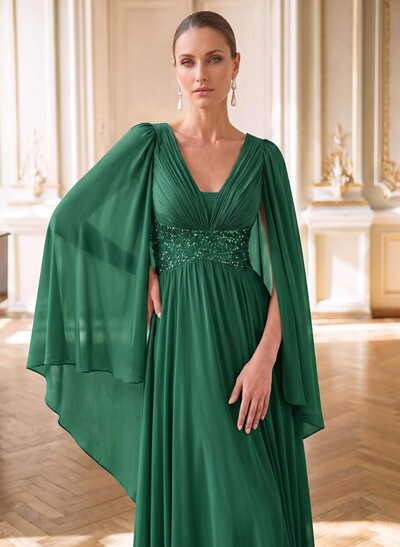 A-Line Plunge Neck Cape Sleeves Floor-Length Chiffon Mother Of The Bride Dresses With Beading/Pleated