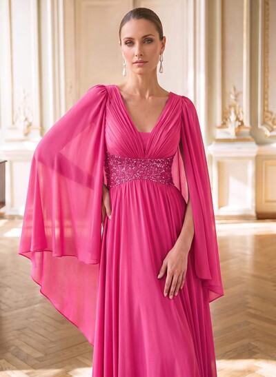 A-Line Plunge Neck Cape Sleeves Floor-Length Chiffon Mother Of The Bride Dresses With Beading/Pleated