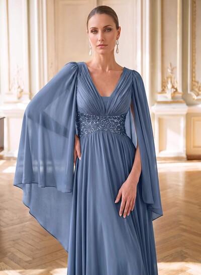 A-Line Plunge Neck Cape Sleeve Maxi Chiffon Mother of the Bride Dress with Beading and Pleats