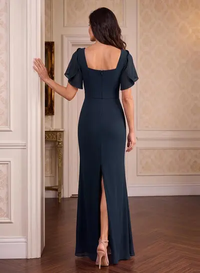 Sheath Square Neck Short Sleeve Maxi Chiffon Mother Of The Bride Dress With Back Slit