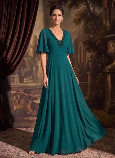 A-Line V-Neck Short Sleeve Maxi Chiffon Mother Of The Bride Dresses With Beading