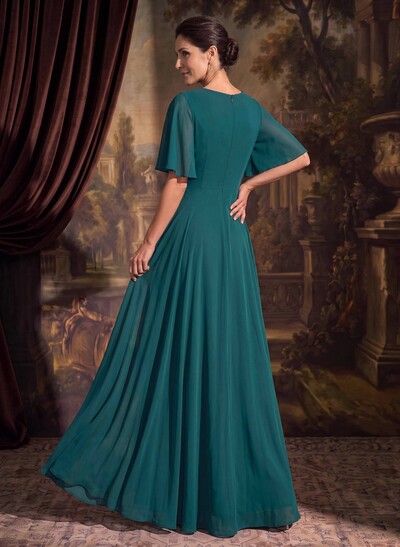 A-Line V-Neck Short Sleeves Floor-Length Chiffon Mother Of The Bride Dresses With Beading