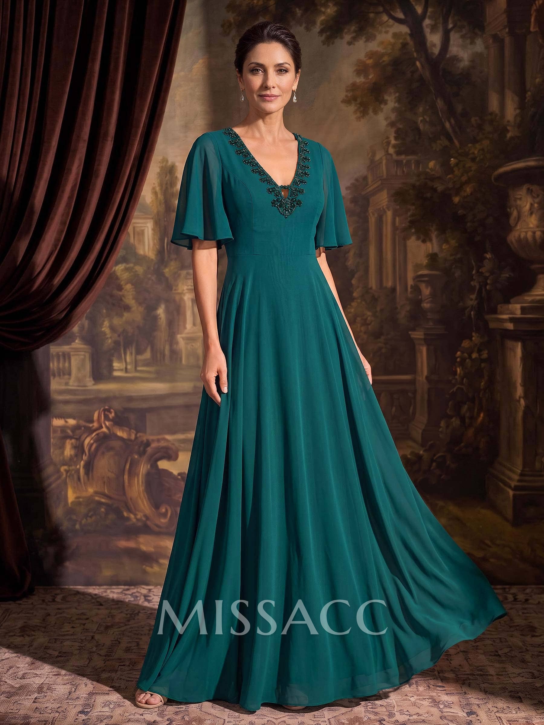 A-Line V-Neck Short Sleeves Floor-Length Chiffon Mother Of The Bride Dresses With Beading