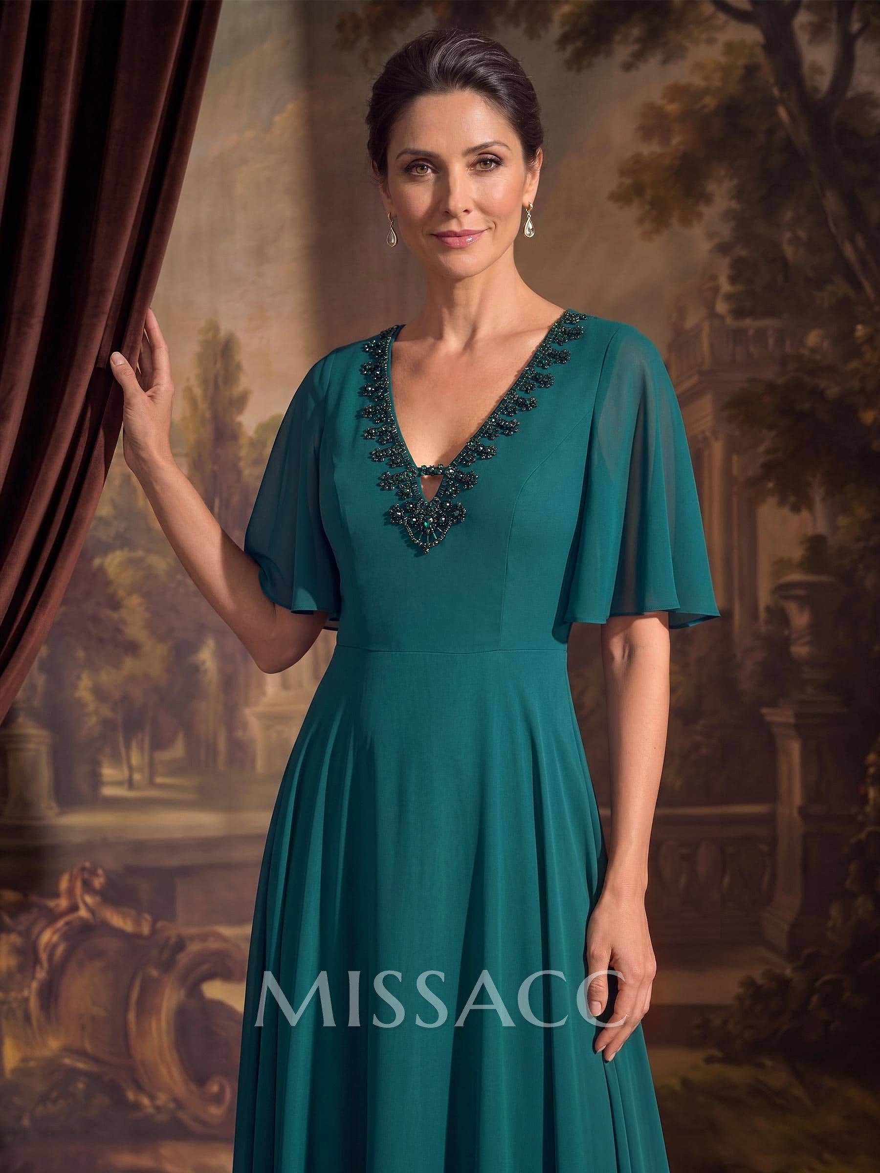 A-Line V-Neck Short Sleeves Floor-Length Chiffon Mother Of The Bride Dresses With Beading
