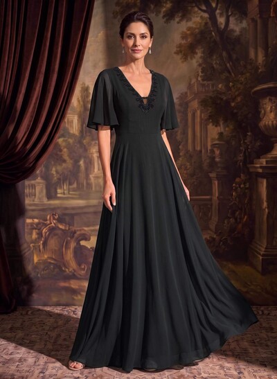 A-Line V-Neck Short Sleeve Floor-Length Chiffon Mother of the Bride Dress with Beading