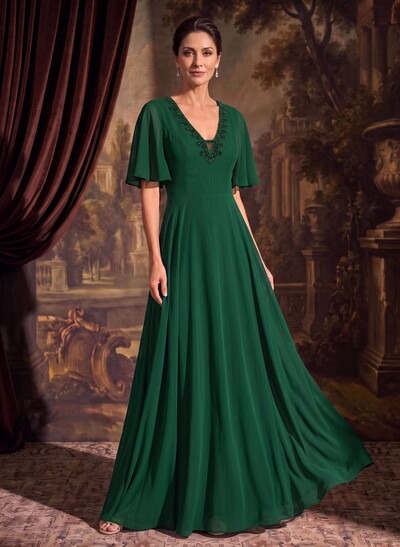 A-Line V-Neck Short Sleeves Floor-Length Chiffon Mother Of The Bride Dresses With Beading