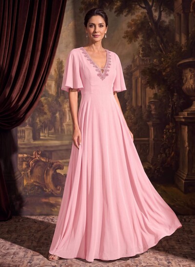 A-Line V-Neck Short Sleeves Floor-Length Chiffon Mother Of The Bride Dresses With Beading