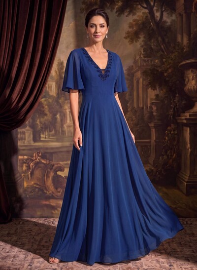 A-Line V-Neck Short Sleeve Maxi Chiffon Mother of the Bride Dress with Beading