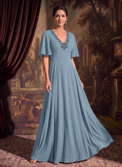 A-Line V-Neck Short Sleeves Floor-Length Chiffon Mother Of The Bride Dresses With Beading
