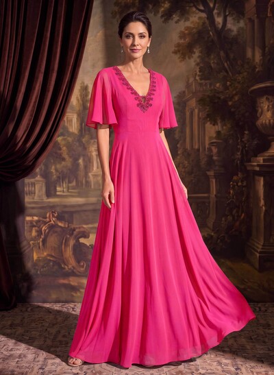 A-Line V-Neck Short Sleeves Floor-Length Chiffon Mother Of The Bride Dresses With Beading