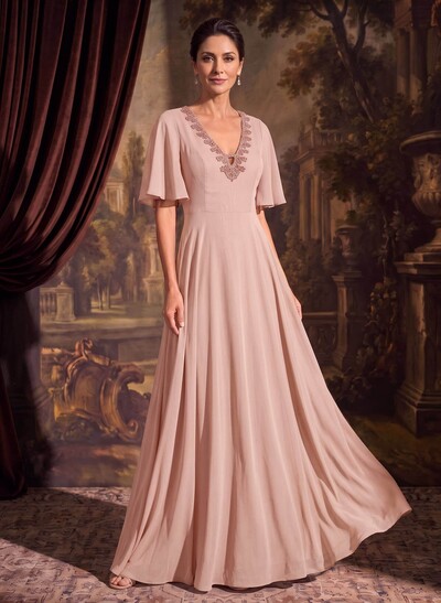 A-Line V-Neck Short Sleeves Floor-Length Chiffon Mother Of The Bride Dresses With Beading